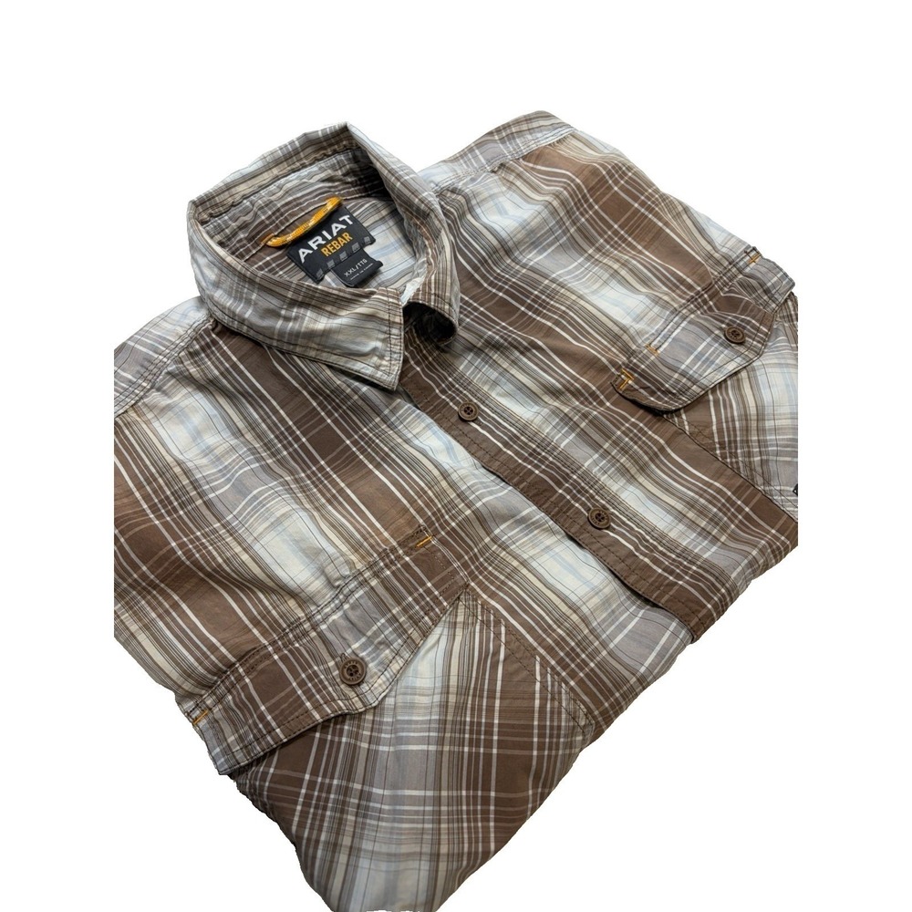 Ariat Rebar Shirt Men's 2XL Tan Plaid Button Up Short Sleeve Workwear *Read